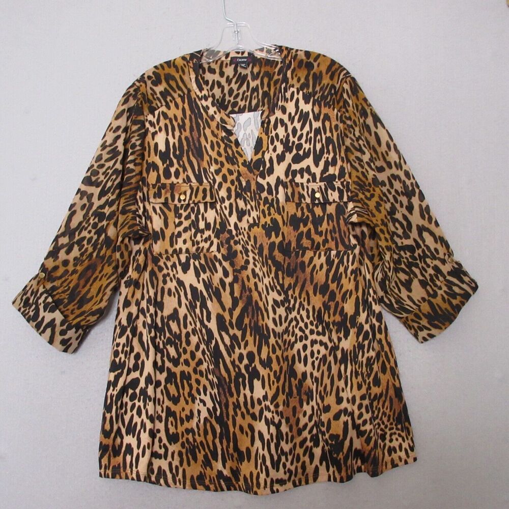 Cocomo Woman Top Tunic Plus 3X Leopard Animal‎ 3/4 Tab Sleeve Boho Mix Media